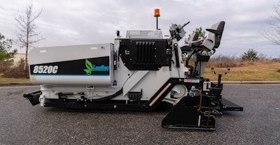 LeeBoy electric 8520C E-Paver side view showing operator station on blacktop