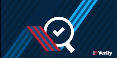 E-Verify logo of check mark inside magnifying glass with red and blue stripes