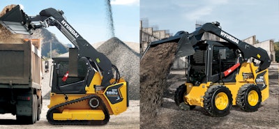 Hyundai CTL and skid steer lifting and dumping side by side images