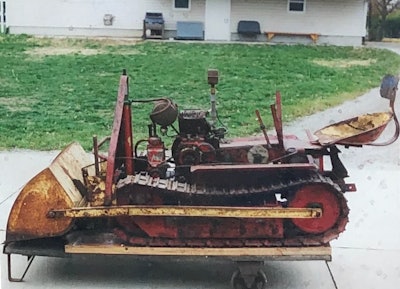 original condition of Robert Dahs 1951 Mead Mighty Mouse dozer with rusted yellow red paint scheme