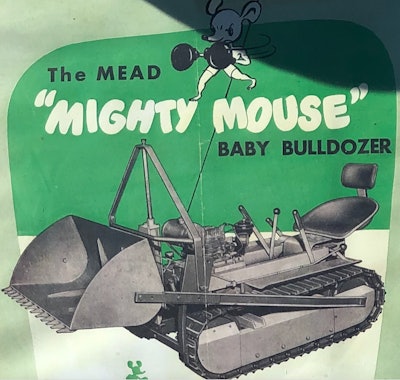 brochure cover for 1951 Mead Mighty Mouse dozer with cartoon mouse wearing boxing gloves in fighting stance
