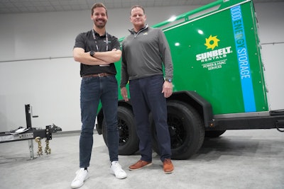 Paul Huelskamp, CEO Moxion (left) and Joe Hornburg, director of fleet management: specialty, Sunbelt Rentals, with the MP-75/600 at ConExpo.