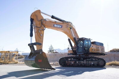 Sany SY750H large excavator on building construction site with bucket raised midway