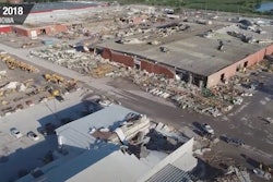aerial view of tornado damage 2018 Vermeer campus Pella, Iowa buildings destroyed strewn debris