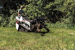 Bobcat MT100 mini track loader carrying logs