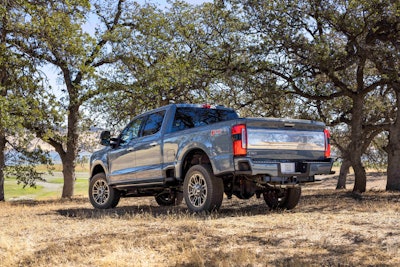 rear view of bluish gray 2023 Ford Super Duty F350 Limited