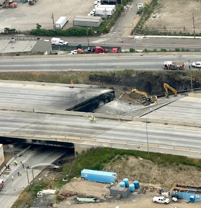 aerial view of collapsed section of I-95 Philadelphia