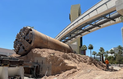 Boring Company tunnel boring machine Prufrock rests on dirt pile after digging tunnel to Westgate Las Vegas resort