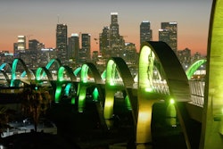 LA Sixth Street Viaduct lighted at Night city in background