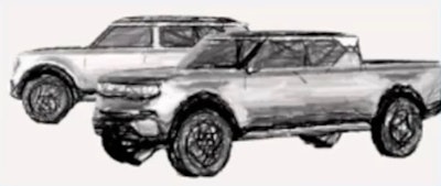 gray conceptual drawings of Volkswagen electric Scout pickup and SUV prototypes