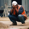 Construction worker clasping hands over his face in despair