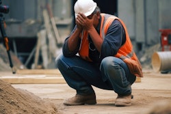 Construction worker clasping hands over his face in despair