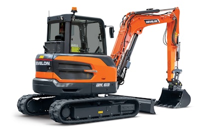 DEVELON DX63-7 compact excavator studio shot white background