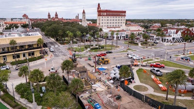Aerial view of the site where a 19th-century boat beneath a road in St. Augustine, Florida, was discovered.