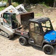 Bobcat CTL loads gravel in the bed of a Toro Workman UTX