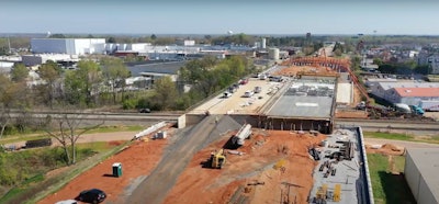 aerial shot construction on I-85 Business bridge over Buffington Road in Spartanburg