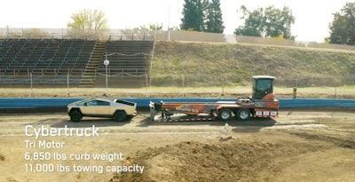 cybertruck in truck pull on dirt track