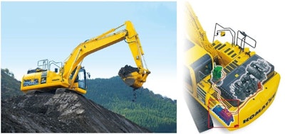 Komatsu hybrid excavator and conceptual drawing of hybrid system