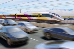 rendering of brightline west high-speed train on I-15