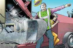 Excavator bucket slams worker and bystander into air compressor