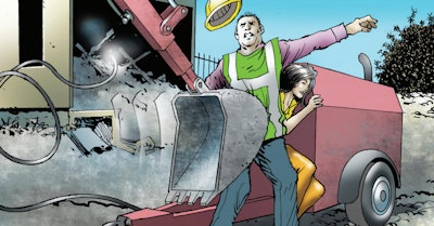 Excavator bucket slams worker and bystander into air compressor