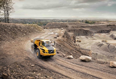 Volvo A45G articulated dump truck on dirt road with dirt load