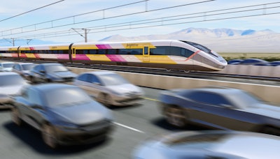 A rendering of a Brightline West high-speed train on I-15.