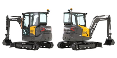 volvo EC37 ECR40 compact excavators posed back to back white background