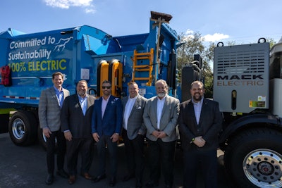 Coastal Waste & Recycling recently took delivery of its first battery-electric refuse vehicle, the Mack LR Electric model. Mack executives handed over the vehicle during an e-mobility event with the company, Volvo Construction Equipment, Nextran Truck Centers and local officials. Pictured left to right is Darren Jane, Mack senior district manager – Southeast, Jonathan Randall, president of Mack Trucks North America, Brendon Pantano, CEO of Coastal Waste & Recycling, Tyler Ohlmansiek, Mack director of e-mobility sales, Dennis McDaniel, Mack Regional Vice President – Southeast, and Ryan Saba, Mack e-mobility energy solutions manager.