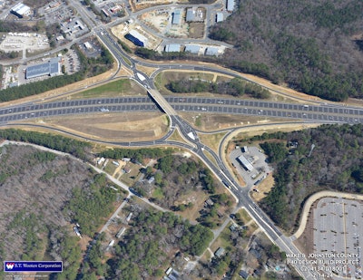 aerial view Jones Sausage Road diverging diamond interchange