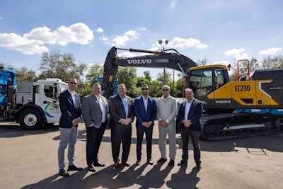 Volvo Construction Equipment and Mack Trucks, both Volvo Group companies, recently delivered on- and off-road electric equipment to Florida-based Coastal Waste & Recycling to help the company achieve its sustainability goals. Pictured here left to right are Martin Mattsson, director, key account sales, waste & recycling, Volvo CE; Tyler Ohlmansiek, Mack e-mobility sales director; Jonathan Randall, president of Mack Trucks North America; Brendon Pantano, CEO, Coastal Waste & Recycling; Dennis Pantano, COO, Coastal Waste & Recycling; Ray Gallant, head of sustainability and productivity, Volvo CE.