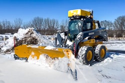 Teleo- retro-fitted Deere skid steer with Storm Equipment Metal Pless plow