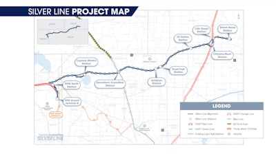 Dallas Area Rapid Transit (DART) is working on the construction of approximately 5.2 miles of shared-use trail including safety treatments, which will be built from Meandering Way in Dallas to Shiloh Road in Plano and will directly connect to several Silver Line rail station platforms.
