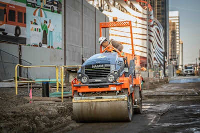 HAMM HD 12e VV tandem-drum electric compactor on Skanska L.A. Purple Line subway extension project