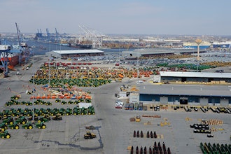farm and construction equipment lined up at Baltimore port