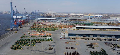 farm and construction equipment lined up at Baltimore port