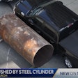 Screenshot of WTAE-TV report - steel cylinder against a truck