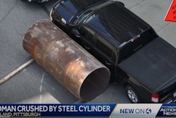 Screenshot of WTAE-TV report - steel cylinder against a truck