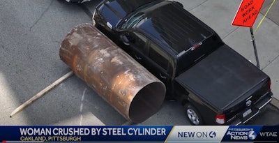 Screenshot of WTAE-TV report - steel cylinder against a truck