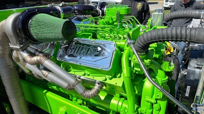 green Cat 3412 engine inside Dickerson Custom Trucks' 1996 Peterbilt 379
