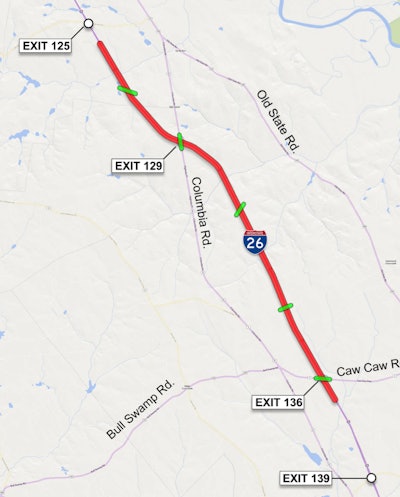 map of I-26 section to be widened between St. Matthews and Gaston SC