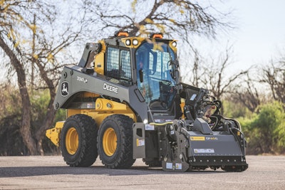 Deere 334 P-Tier skid steer loader with the CP40G Cold Planer attachment.