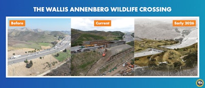 before current and after views of Wallis Annenberg Wildlife Crossing
