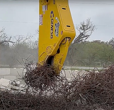 Genesis GRP 480 rebar processor on excavator grabbing bundle of twisted rebar