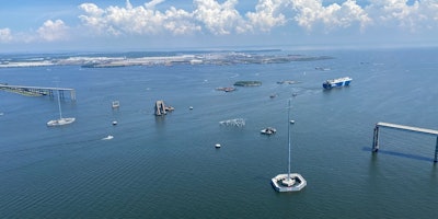 aerial shot of the current state of the baltimore bridge