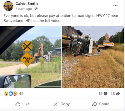 facebook post screenshot showing train hitting excavator on trailer crashed truck on side