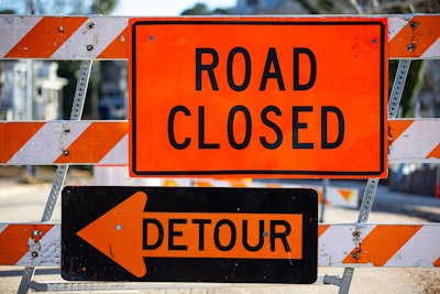stock image road closed detour signs