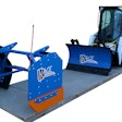 Kage Innovation 54-inch SnowFire snow plow and pusher system on a small compact track loader