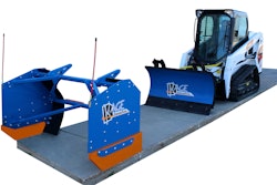 Kage Innovation 54-inch SnowFire snow plow and pusher system on a small compact track loader