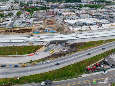 A screenshot of PennDOT's live cam of temporary lanes on I-95 in Philadelphia after the section reopened June 23